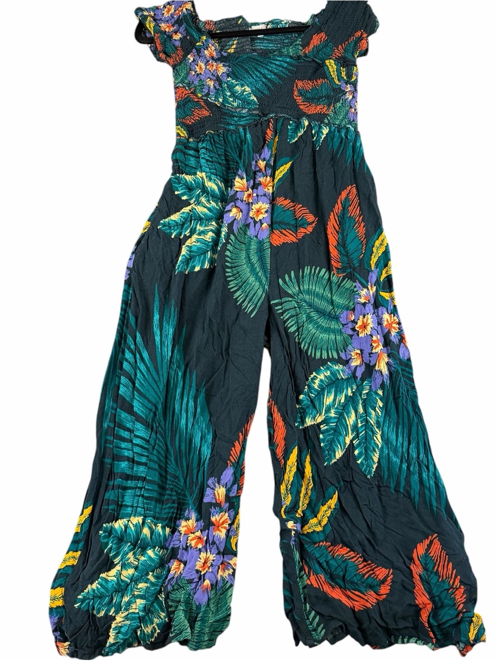 Patrons of Peace Size Small Women Jumpsuit Tropical Print Wide Leg Black Ruched
